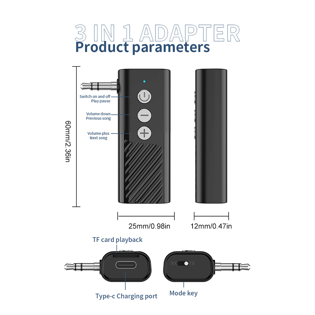 2 in 1 AUX Adapter 3.5mm AUX Bluetooth-Compatible 5.3 Audio Adapter Transmitter Receiver Supports TF Card Hand-Free Call for Car