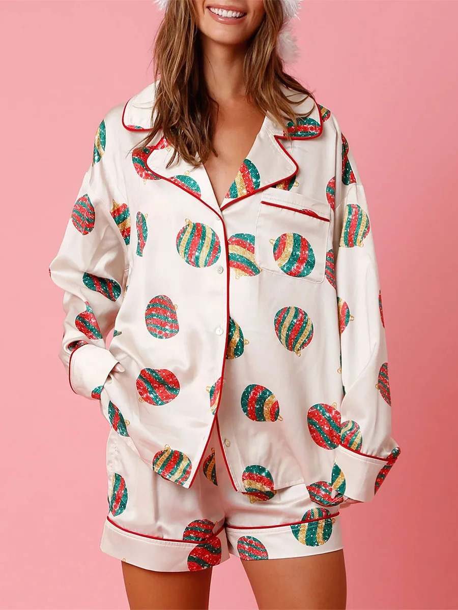 Christmas Pajamas Shorts Set for Women Santa Claus Pjs Long Sleeve Button Down ShirtPants 2 Piece Xmas Jammies Loungewear 241113