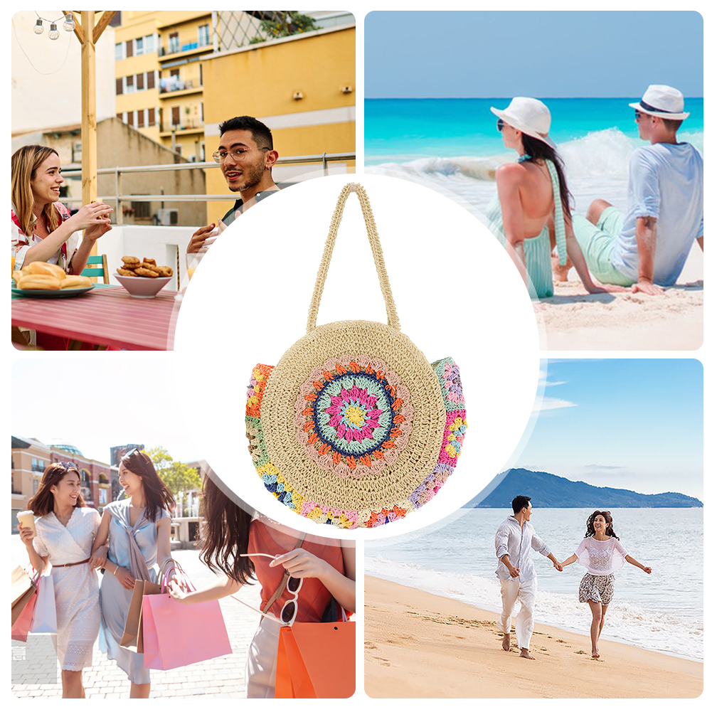 Women Fashion Woven Handbag Round Straw Woven Tote Bag Weave Straw Bag Large Capacity Ethnic Style for Travel Vacation