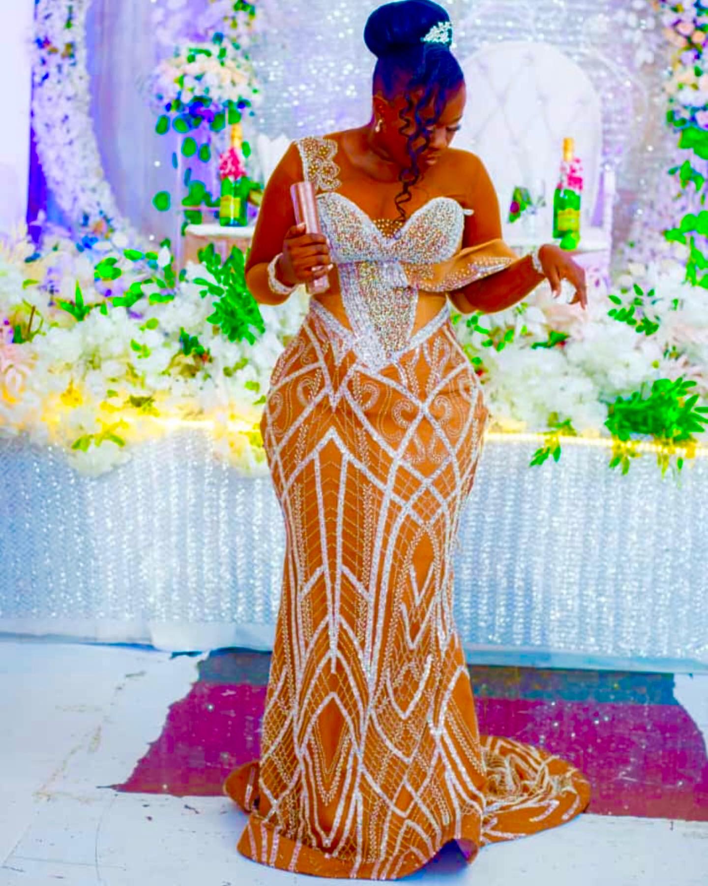 2024 Plus Size Illusion Gold Mermaid Prom Dresses For Special Occasions Crystals Beaded Sheer Neck Evening Party Birthday Gowns Dress For Women Vestid