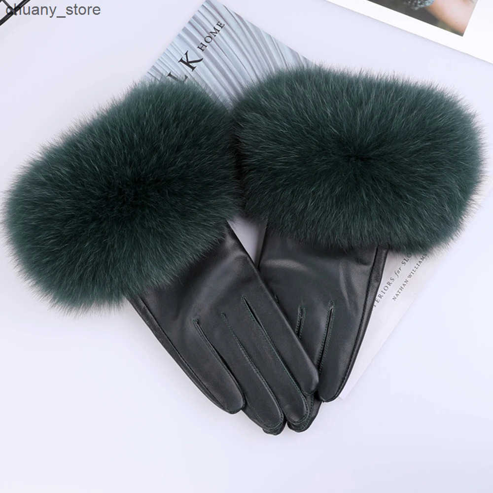 Fingerless Gloves Sheepskin Natural Fox Fur Trimming Gloves Womens Genuine Leather Wrist Warmer Glove Winter Warm Fashion Mittens Fce Lining L240910