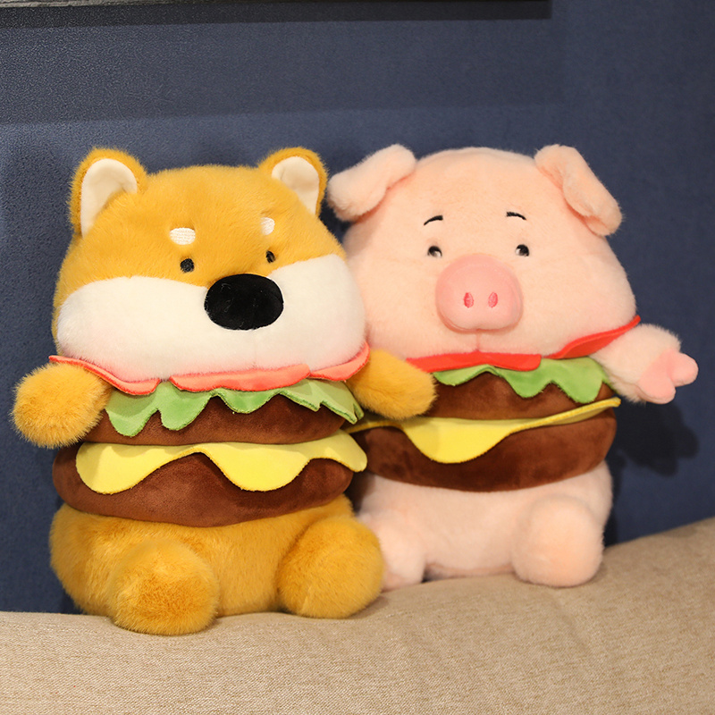 25cm Kawaii Hamburger Dog Pig Doll Plush Toy Stuffed Soft Creative Animal Pillow Toys for Holiday Birthday Gift