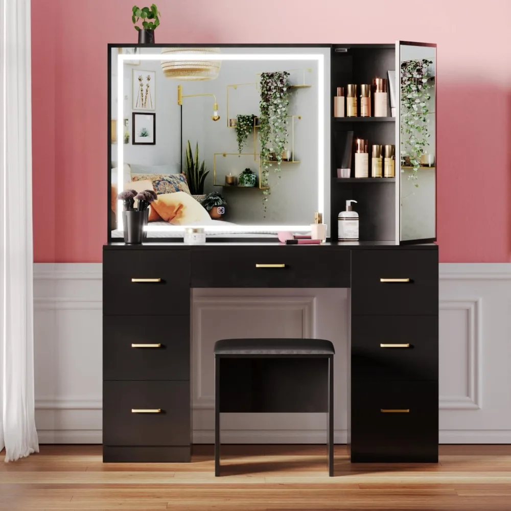 Bedroom Vanity Desk for Women (Black Furniture Dressing Table With Mirror Multifunctional Makeup Table Tall Dresser Large) Home