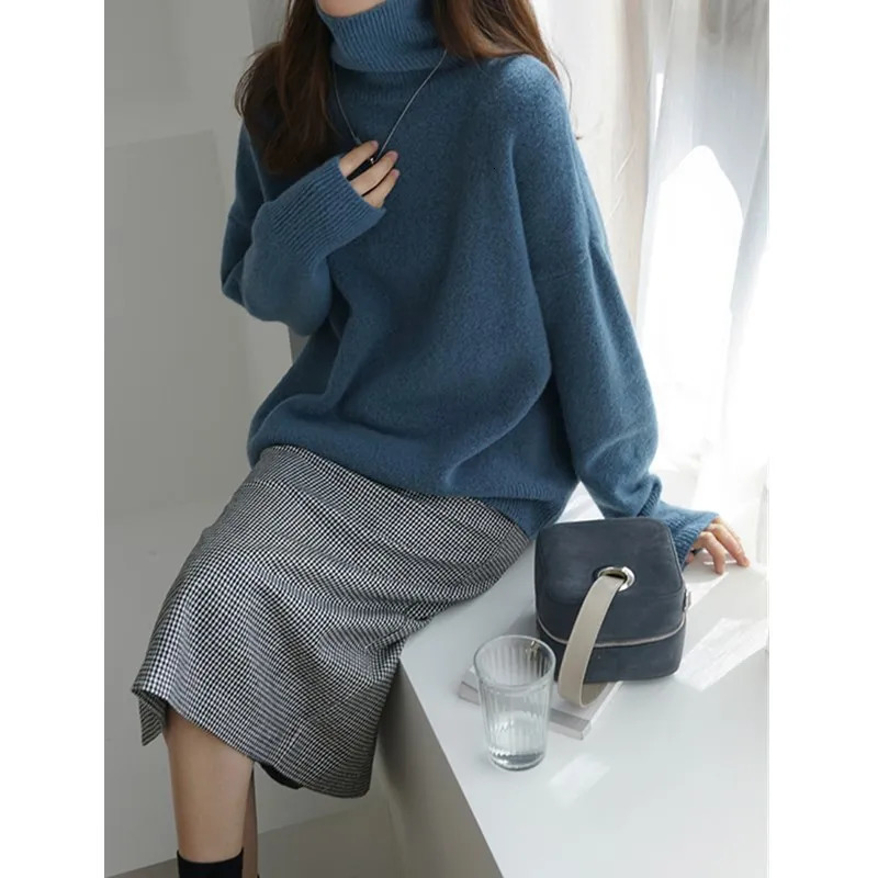 Turtle Neck Cashmere Sweater Womens Thick Cashmere Sweater Loose Anti Laziness Knitted Base 241113
