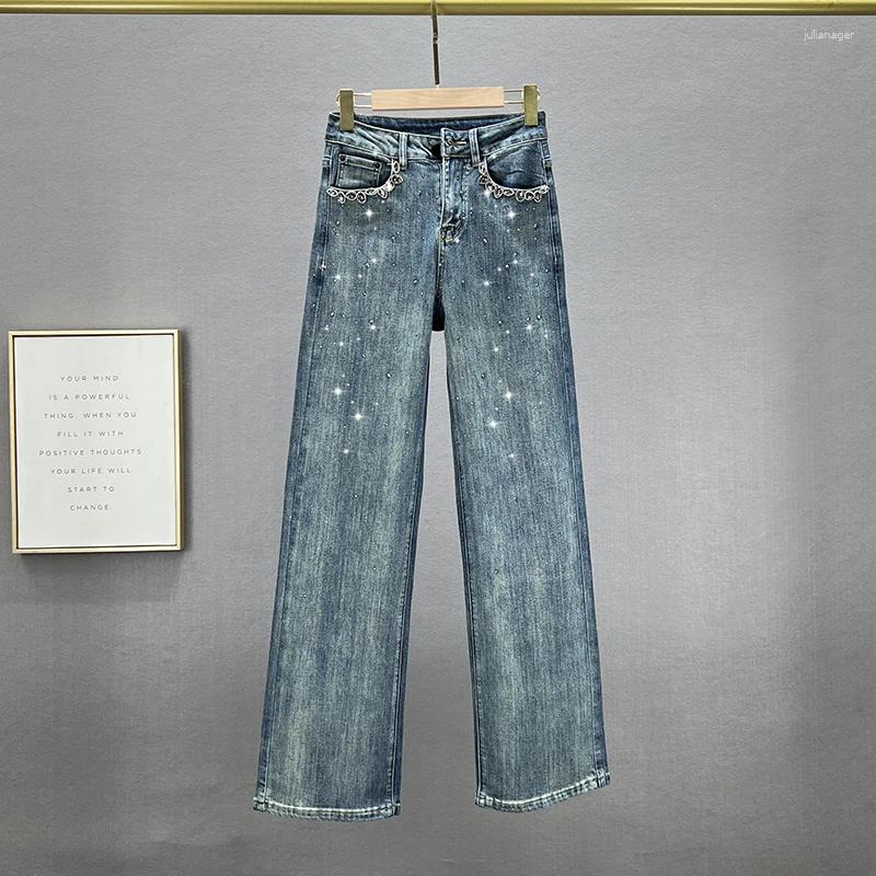 Women's Jeans High Waist Pockets Edge Diamond Studded Straight Wide Leg Blue Denim Pants 2024 Autumn Fashion 29L3903