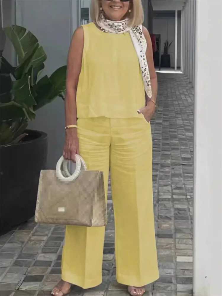 Solid Color Cotton Linen Two Piece Set Womens Suits Sveless Loose Top Wide Leg Pants Women Everyday Comfort Fashion OutfitsXJ250106