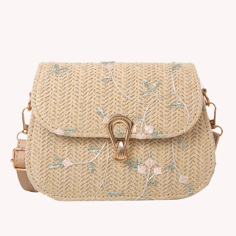 Women Straw Crossbody Bag Adjustable Strap Flower Straw Purse Hasp Closure Straw Satchel Bag Female Summer Beach Bag