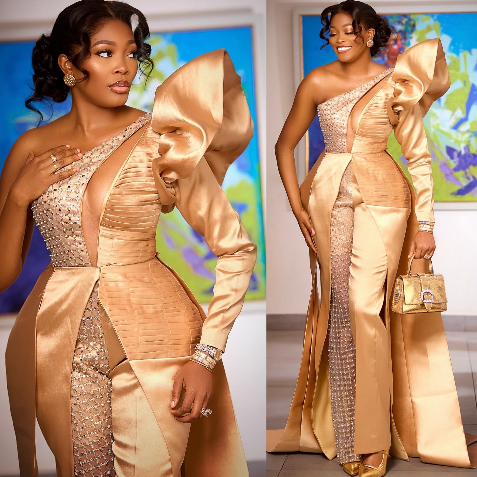 2024 Plus Size Gold Jumpsuits Mermaid Prom Dresses For Special Occasions One Shoulder Sequined Satin Evening Party Birthday Gowns Dress For Women Vest