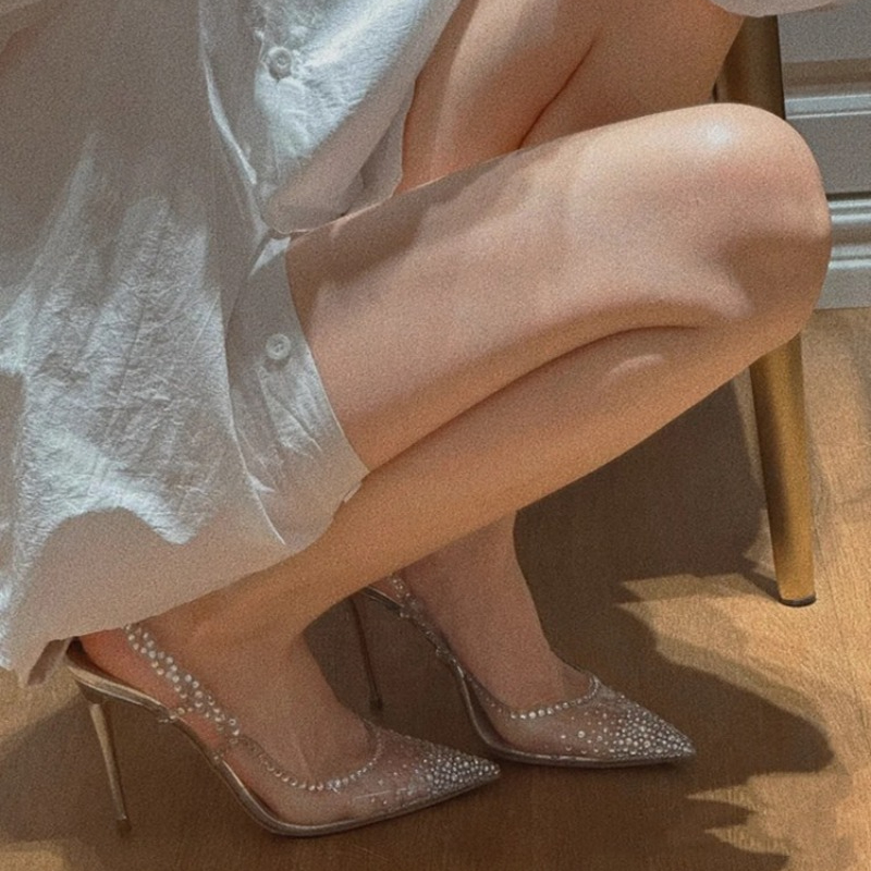 Women Transparent Crystal Shoes New Thin Heel Baotou Sandals Pointed Shallow Mouth High Heels Elegant Baotou Single Sandals 슬리퍼
