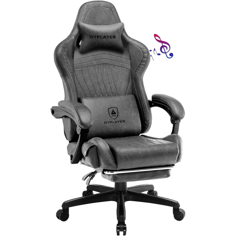 GTPLAYER Chair Computer Gaming (Leather, Grey)
