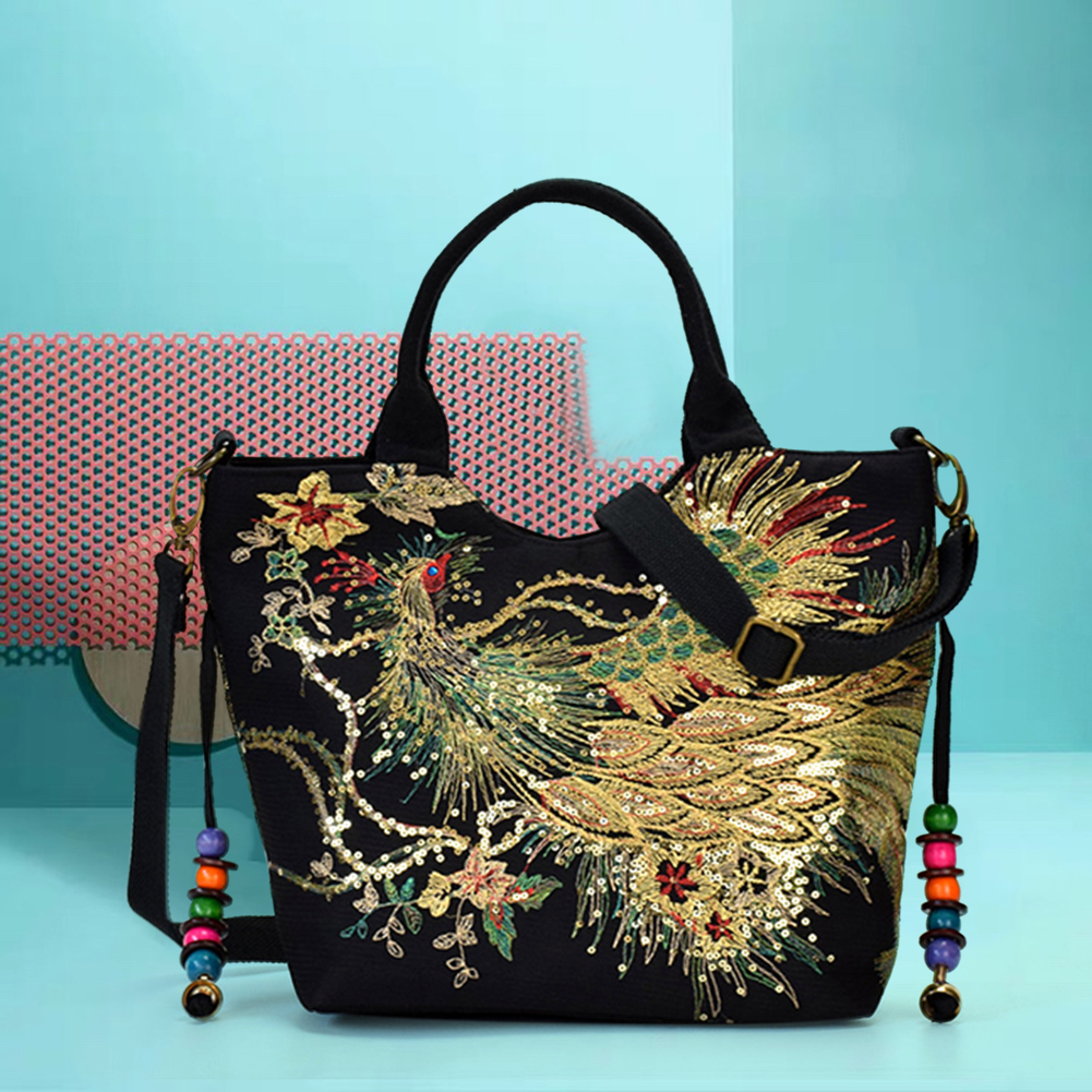 Trendy Tote Bags For Women: Embroidered Canvas Shoulder Bag With Top Handles, Large Capacity Ethnic Style Handbag New Free Delivery Designer Bag