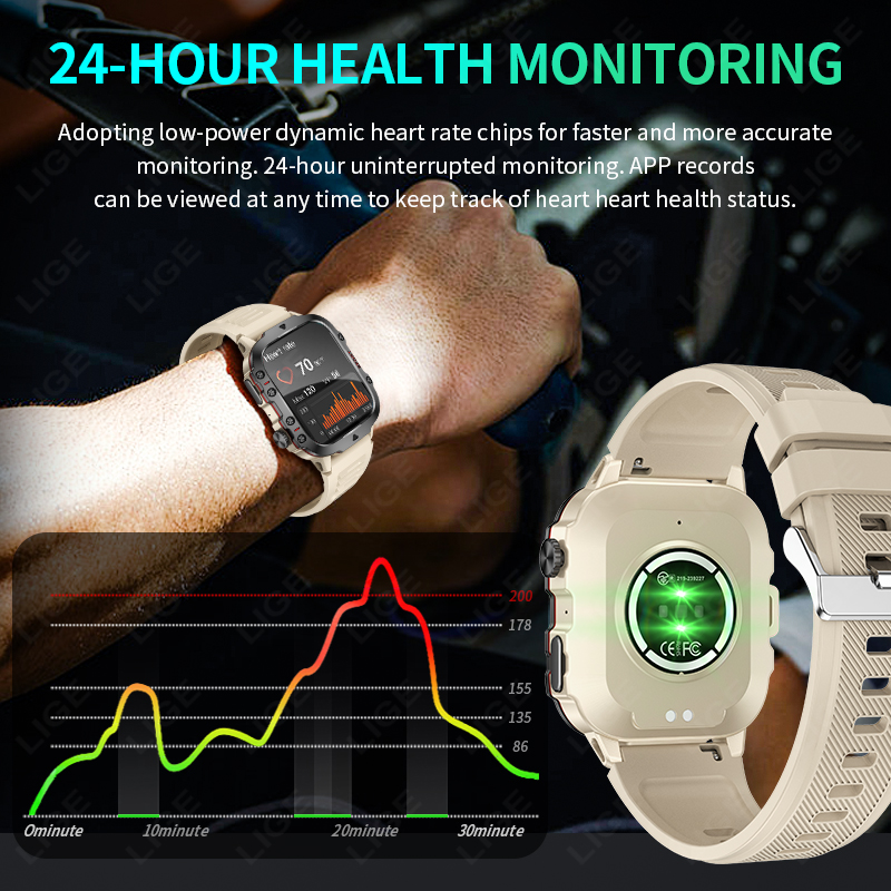 Watches Smart Men's LIGE Red Military Bluetooth Call IP68 Waterproof Sport Heart Rate Outdoor Smartwatch for Android IOS 2024 smile