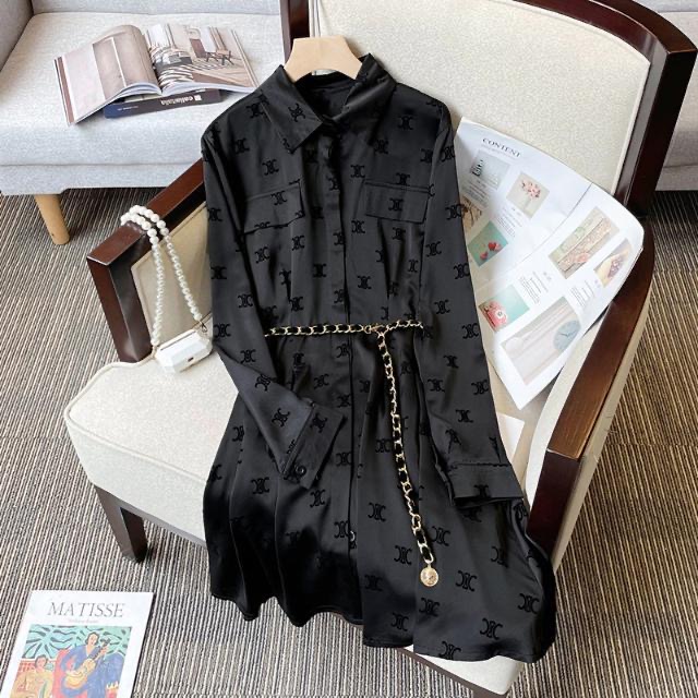 Autumn High-End Lapel Dress Plus Size Chubby Girl Design Long-Sleeved Waisted Satin Shirt Dress e8ab