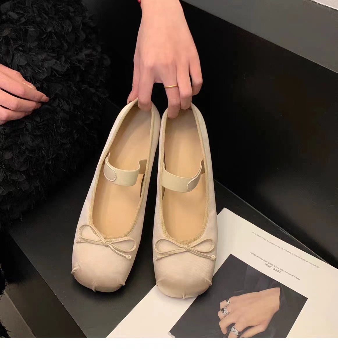 Designer silk New 0b7a9 Bowtie ballet big square toe ballerina shoes elastic band slip on New loafers women flats plus size 43