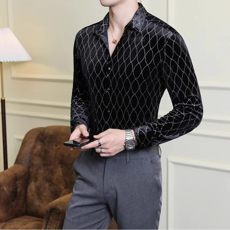 Autumn Velvet Plain Shirt Mens Long Sleeve Casual Business Dress Shirt Fashion Ultra Thin Social Street Clothing Mens Clothing 241113
