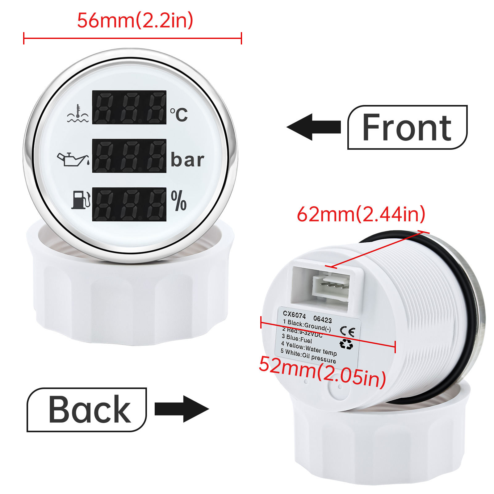 In Digital 1 3 Water Temp Meter+Oil Pressure Meter+Fuel Gauge Red Light 0-190 Ohm ddmysmile 52Mm Gauge With Alarm For Auto Boat 12V 24V Smile Meter+Oi