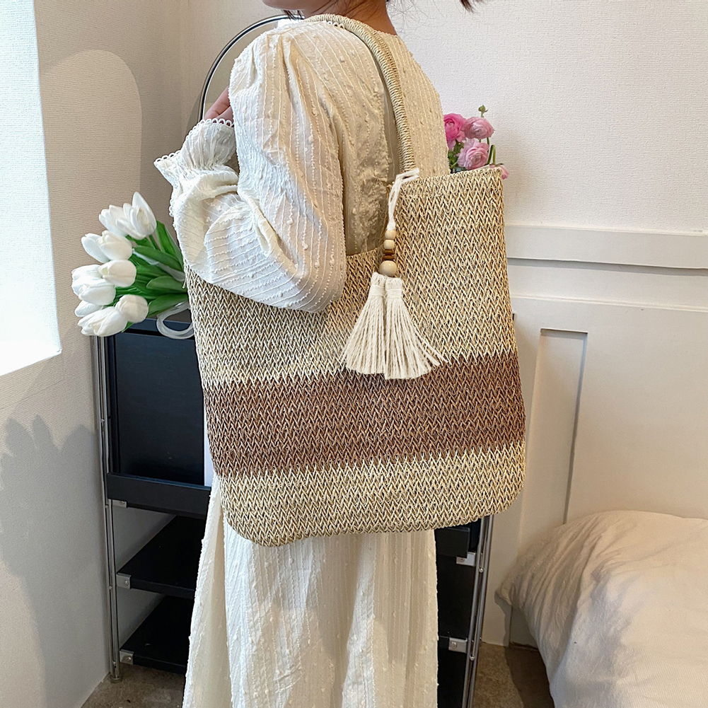 Summer Ladies Woven Tote Contrast Color with Tassels Casual Women Shoulder Bag Large-Capacity Top-handle Bag for Seaside Holiday