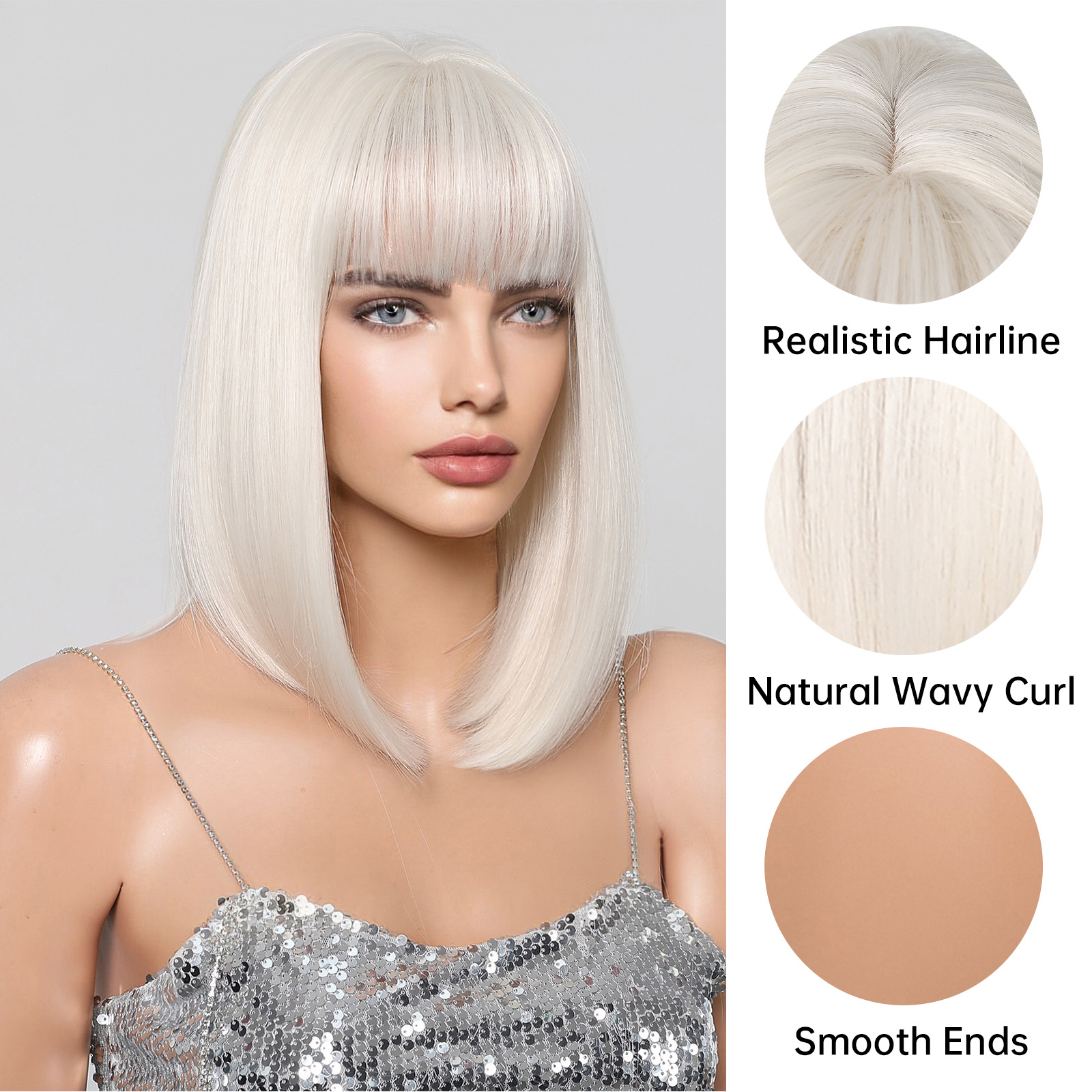 HENRY MARGU Bob Synthetic Wigs with Bangs Shoulder Length Hair White Soft Cosplay Party Daily Wig for Women Girls Use