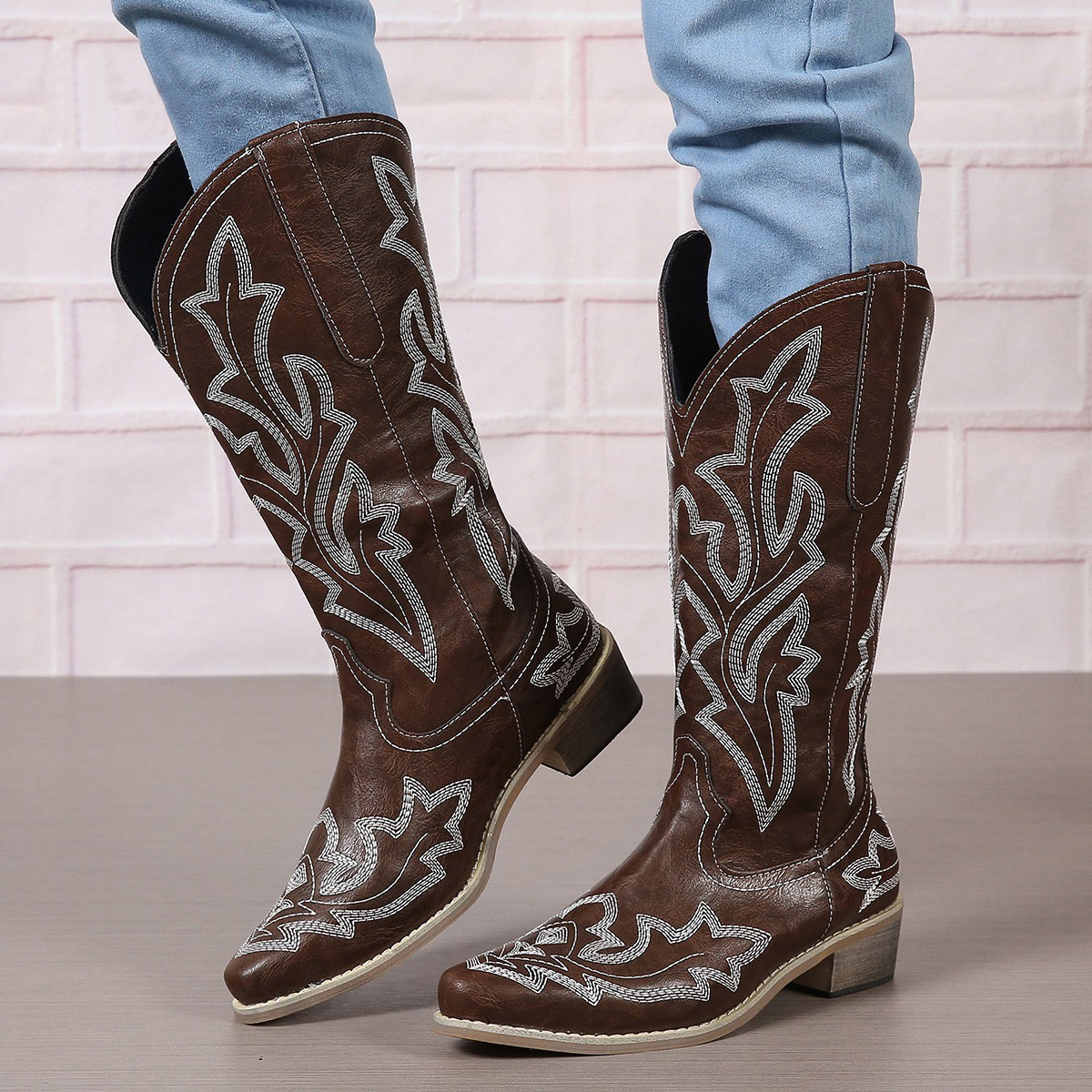 Embroidery Cowboy For Knee High Med Calf Vintage Western Cowgirl Boots Women Heeled Casual Shoes Autumn Block Heel 240724
