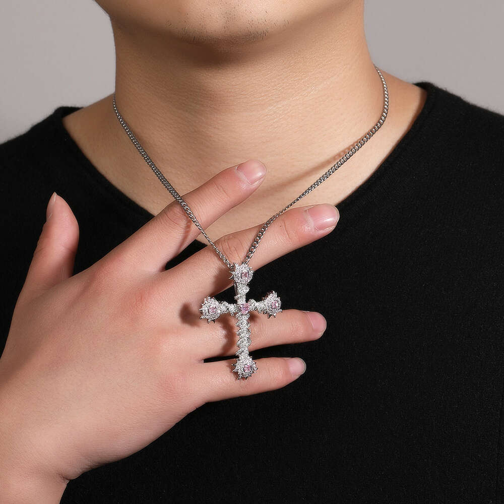 Top Quality Rock Wolf Tide TrendyPink Love Cross Pendant Hip Hop Necklace Copper Plating with Diamond for Mens Necklace Jewelry Bling Bling Gemstone B