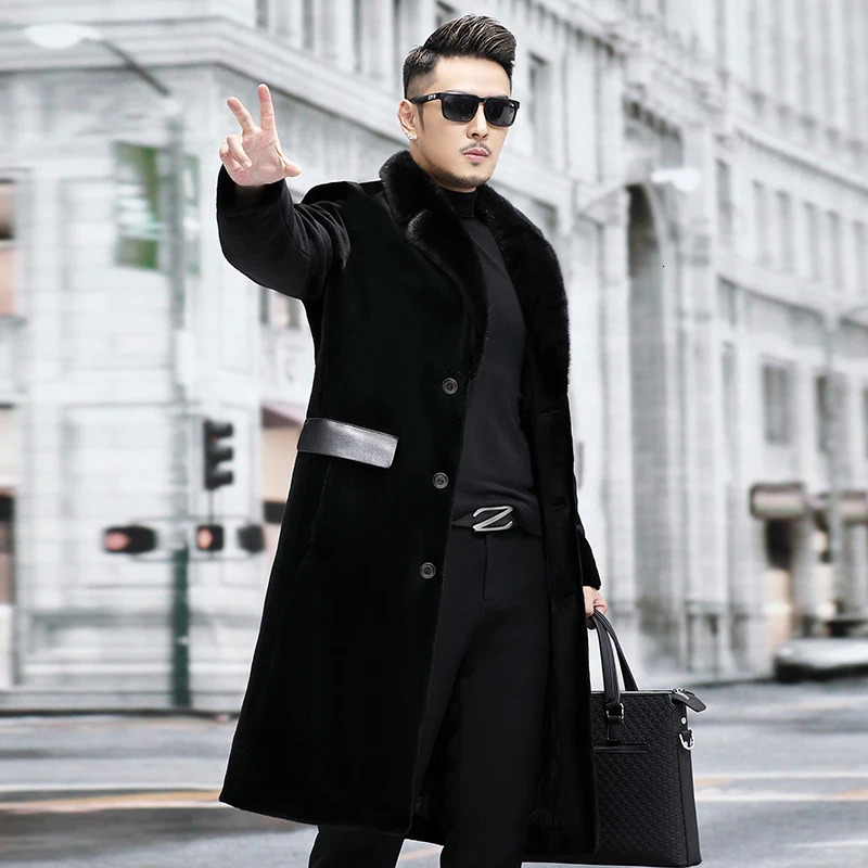 Mens Winter Pocket Sheep Wool Coat Mens Genuine Mink Collar Leather Jacket Mens Long Leather Warm Coat P508 241112