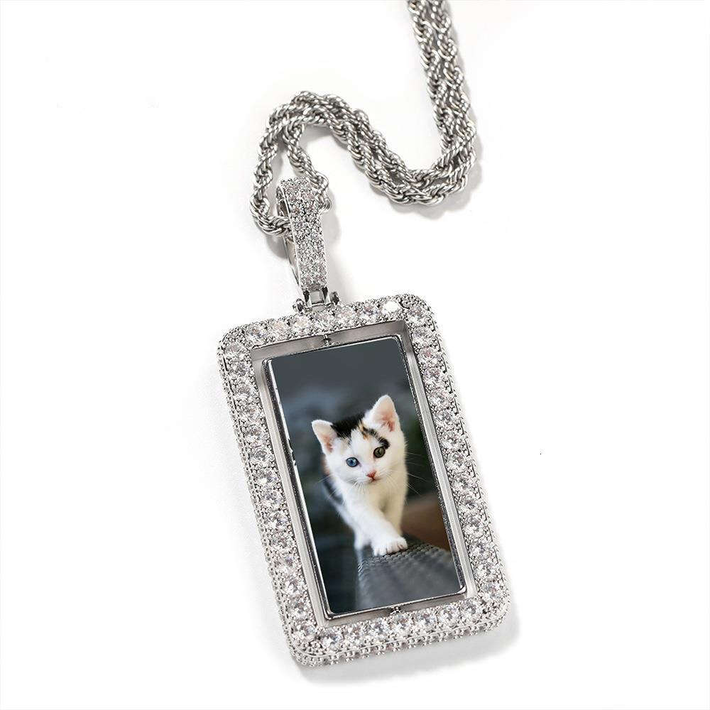 Top Quality Rotating Custom Photo Square Frame Pendant Necklace Hip Hop Full Iced Out Cubic Zirconia Fashion Personalized Diy Picture Couple Jewelry G