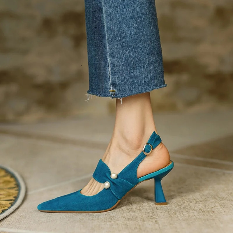Summer Sheep Suede Leather For Women Pointed Thin Heel Shoes Cover Toe Sgback Shoe Blue Pearl Sandals