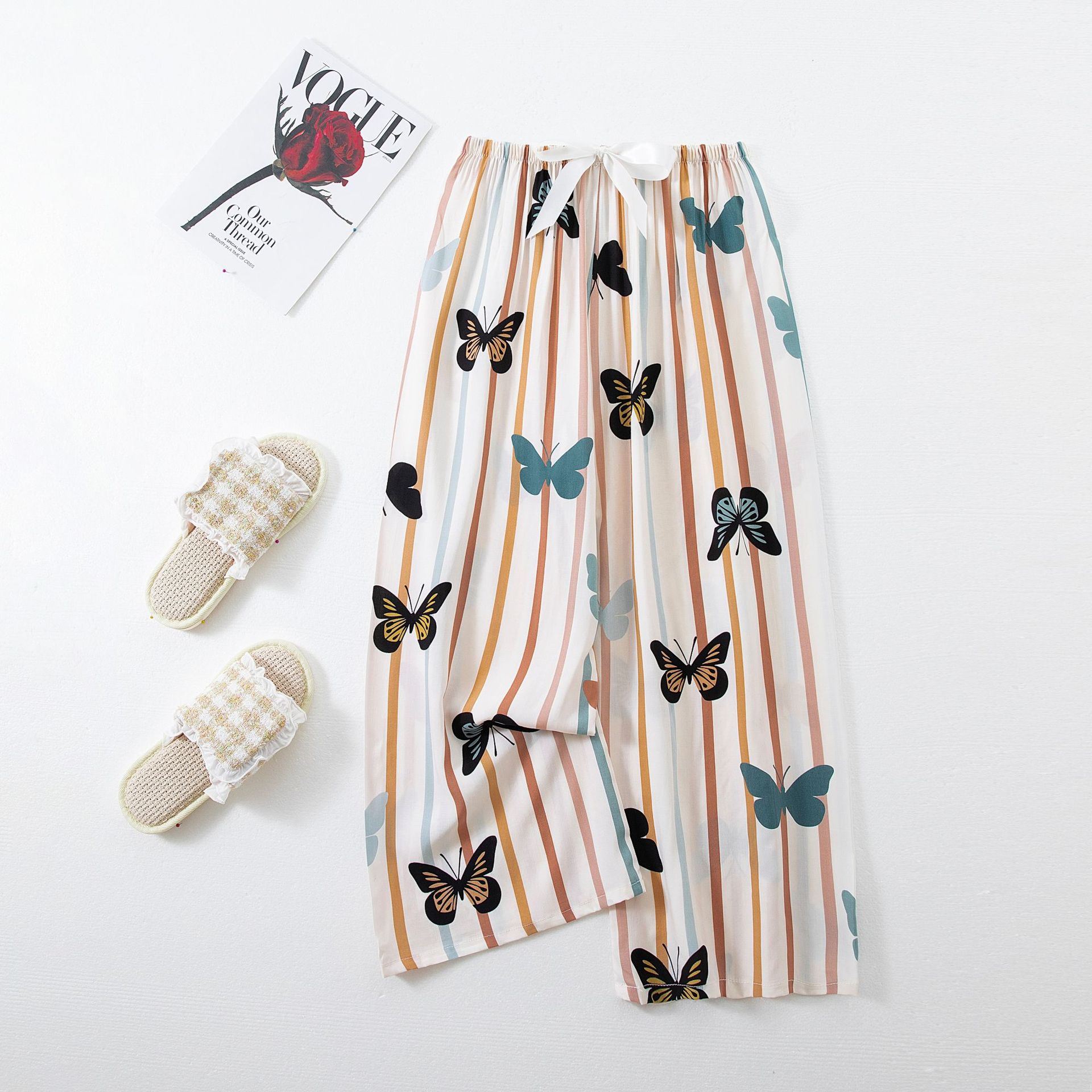 new 2024 Women's Clothes Viscose Korean Casual 2025 Cropped Pants Floral Wide Leg Trousers Home Pants Sports Wear Girls Clothes Sleepwear
