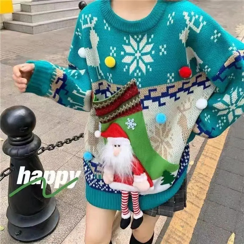 Autumn and Winter Christmas Red 3D Cartoon Decorative Knitted Sweater for Womens Lazy Style Loose Round Neck Zipper 241113