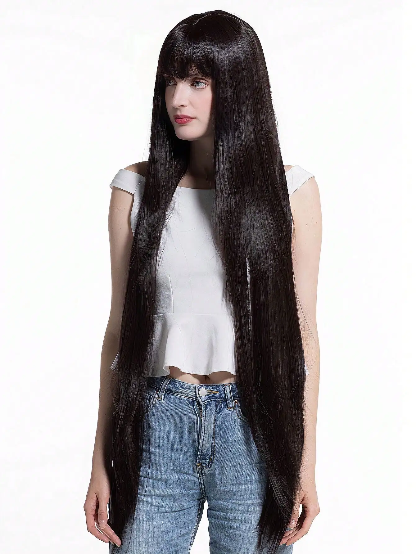 Meter 1 Black Wig Black Natural Long Straight Hair Wig With Bangs Synthetic Female Wig, Suitable For Daily ddmysmile Use Smile ,