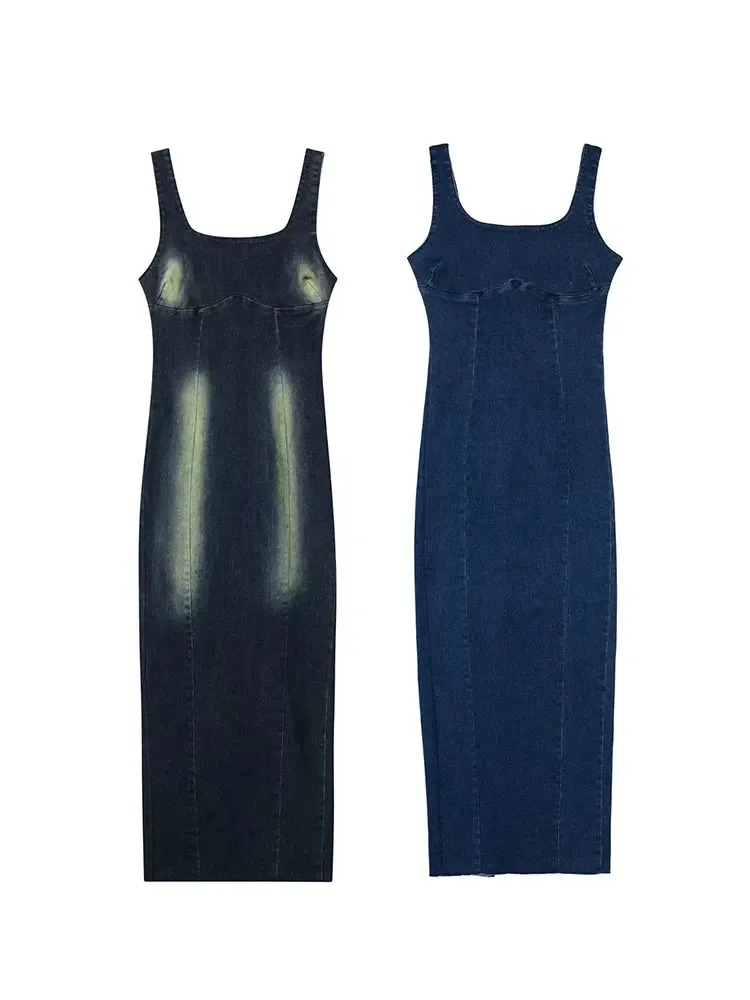 HH TRAF Womens Summer Vintage Denim Dress Fashion quare Neck Sleeveless Back Zipper Casual Slim Slit Sexy Midi Dresses 240402