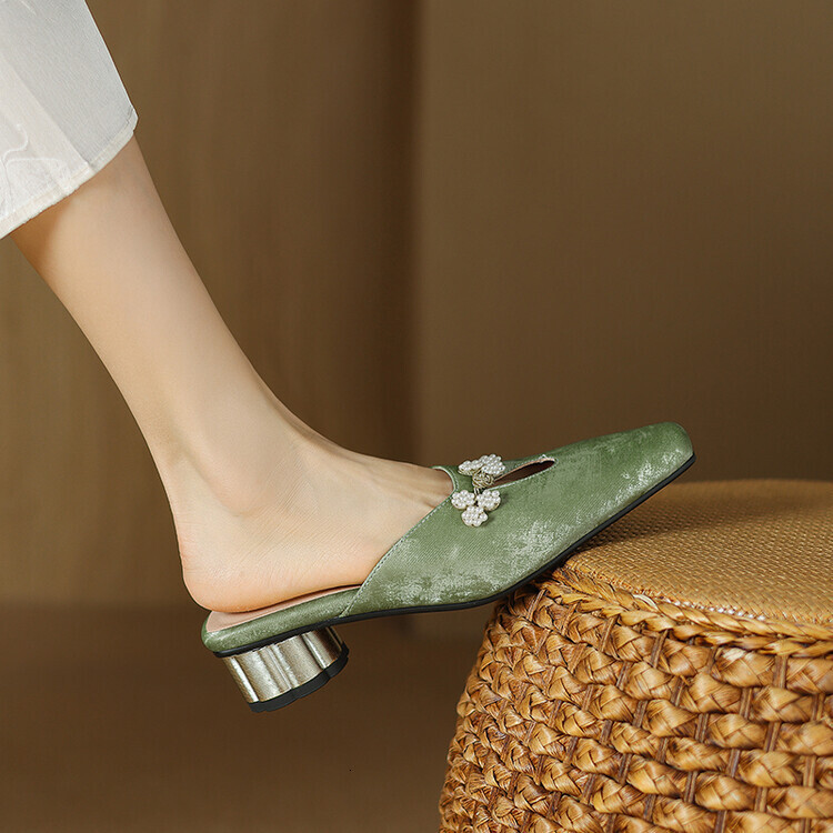 Chinese Style Baotou Slippers Summer New Elegant Beaded Decoration Cm Comfortable Round Heel Ddmysheep Ddmysheep ddmythur