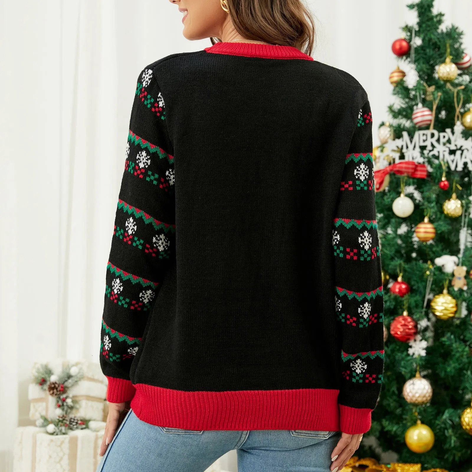 Christmas Tree Jacquard Sweater European and American Style Round Neck Long Sleeve Illuminates Christmas Knitted Sweater 241113
