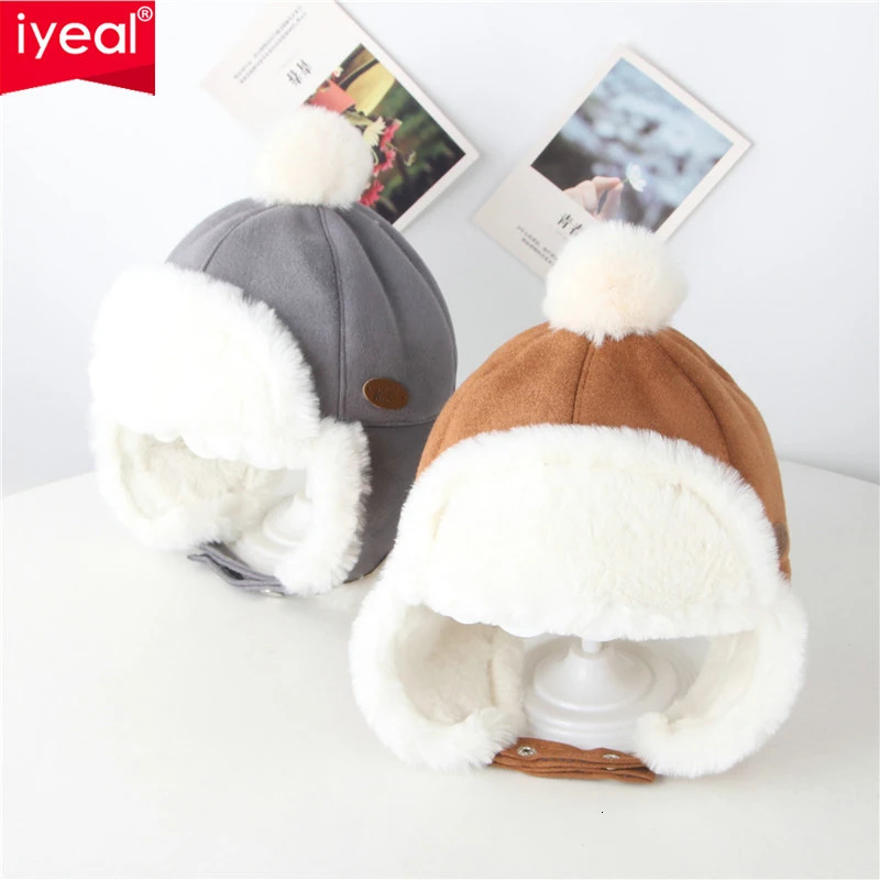Russia Winter Kid Baby Boy Girl Hat Fur Ball Ear Thicken Warm Cap With Plush Childrens Hat Flying Cap 1 2 3 Years 241112