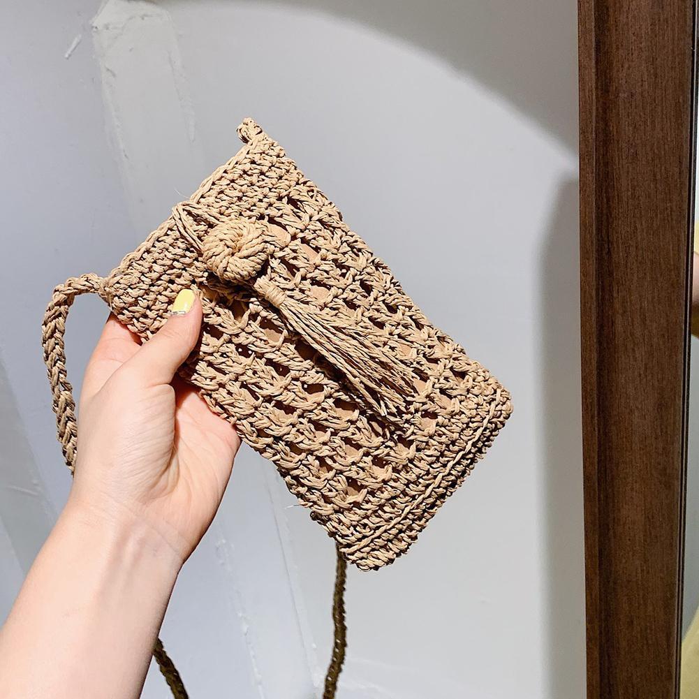 Beach Mobile Phone Bag Summer Mini Vintage Handmade Crossbody Starw Rope Straw Bag Girls Small Single Shoulder Purse 20x12cm