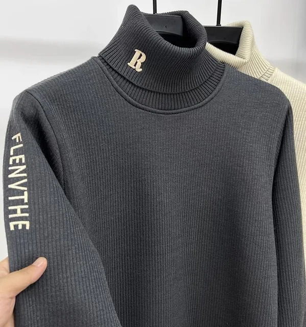 High end trend letter embroidery knitted sweater for mens autumn and winter style thick pleated casual warm high neck puller 241113