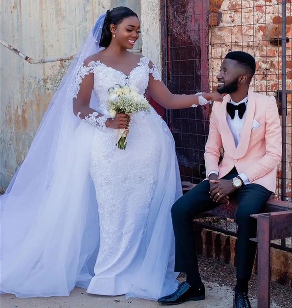 White Pearls Wedding Dress Long Sleeves Jewel Illusion Overskirts Mermaid Bridal Gowns Lace African Mariage Custom Made