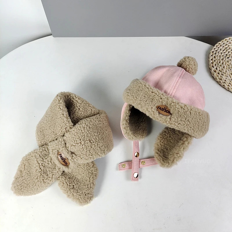 Boy Baby Plush Warm Scarf Hat Set Autumn Winter Plush Thick Girl Kid Ear Protection Cap Simple Versatile Children Pullover Caps 241112