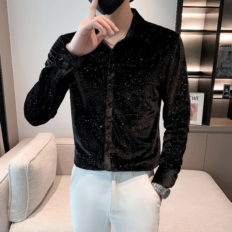 Black/Blue Spring Mens Camisas De Hombre Simple Gypsophila Casual Slimming Long Sleeve Velvet Shirt for Sale 241113