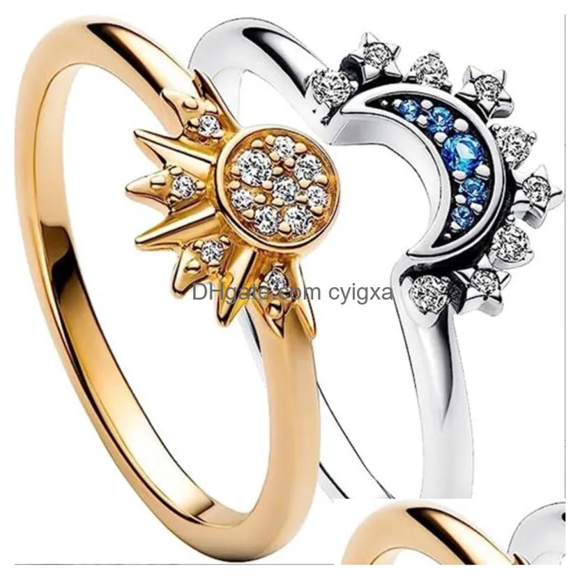 Band Rings 2Pc/Set Summer Couple Ring Set Sky Blue Sparkling Moon And Sun 2023 New Womens Stackable Finger Engagement Jewelry Drop Del Otbnw