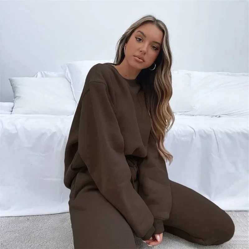 2024 European and American Spring and Autumn Solid Color Round Neck Hooded Pants Womens Fashion Casual Long Sve Hoodie SetX241112