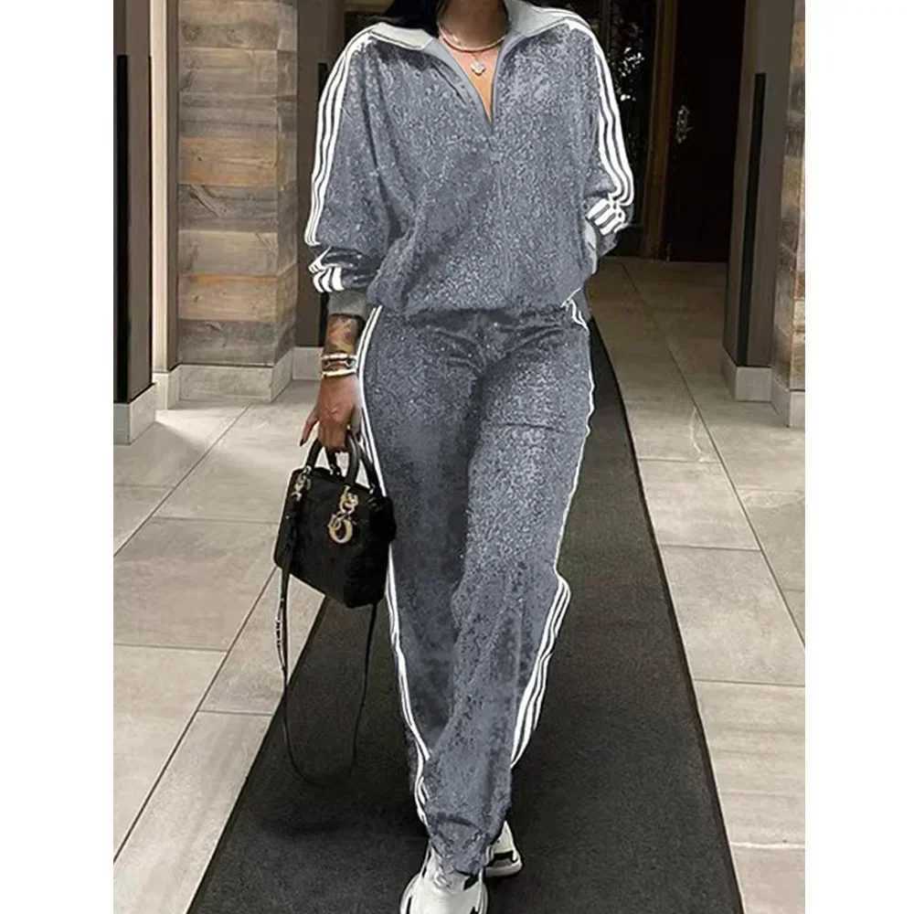European Fashion Women Black Silver Sequin Long Pant Suit Spring Long Sve Ele 2 Pieces Club TracksuitsX241112