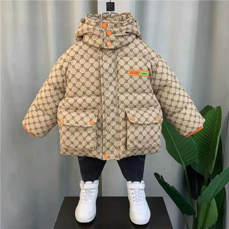 Down Coat Boys and girls winter jacket medium length down jacket black warm velvet thick hooded jacket big childrens jacket Q241112