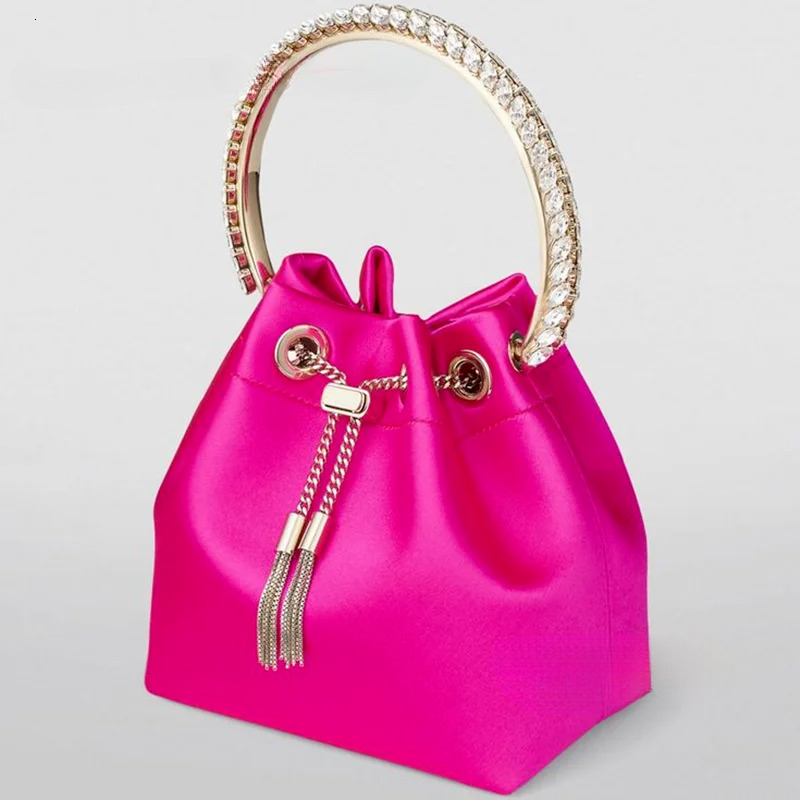 Fuia Crystal Bracelet Clutch Bon Pink Women Elegant Dress Silk Glitterati Tassel-Tie Bg Party Riband Mini Bag Polyester