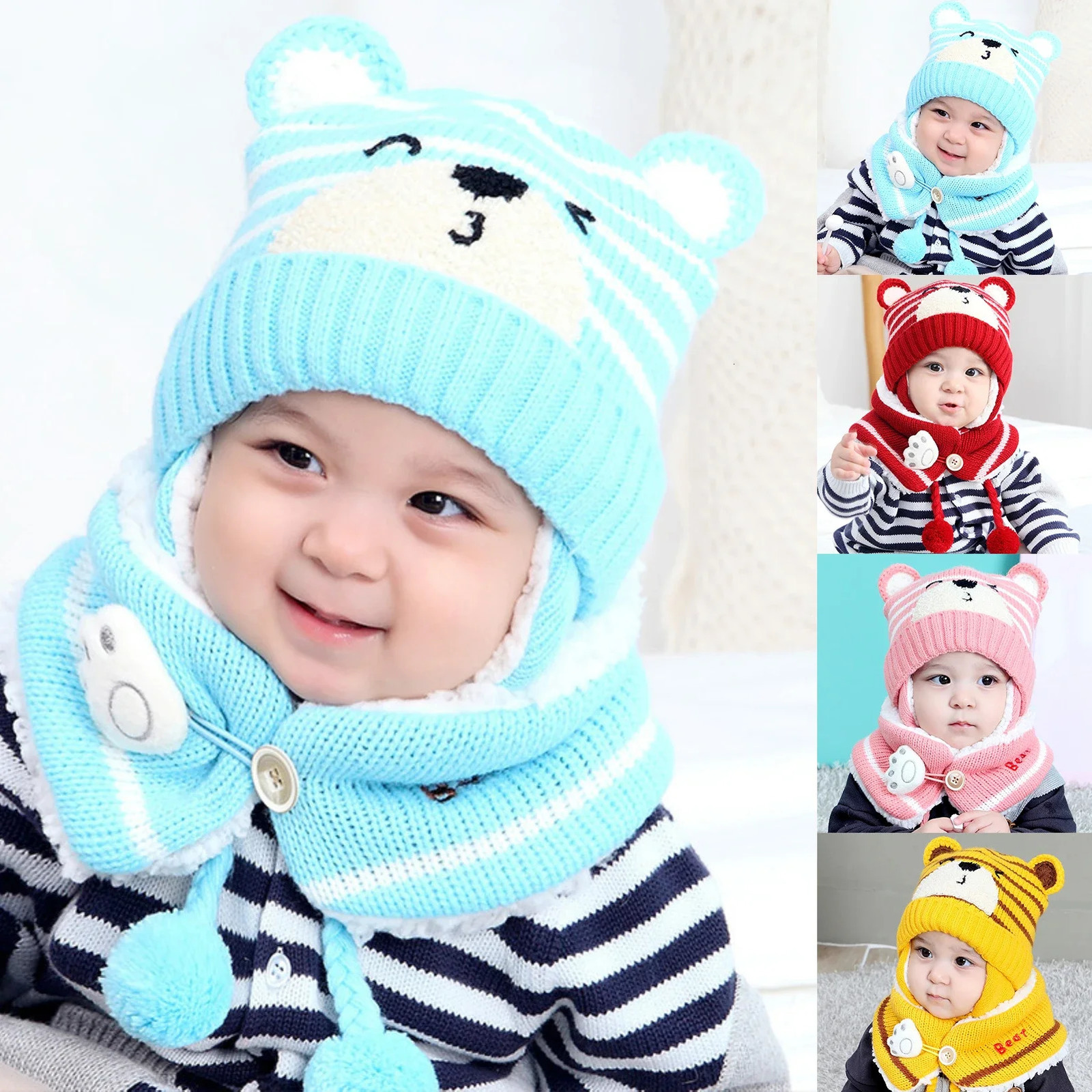 Winter Kids Baby Girls Boys Cartoon Bear Stripe Knit Hat Cap Woolen Yarn Scarf Earmuff Warm Keep Set for Outdoor Caps 241112