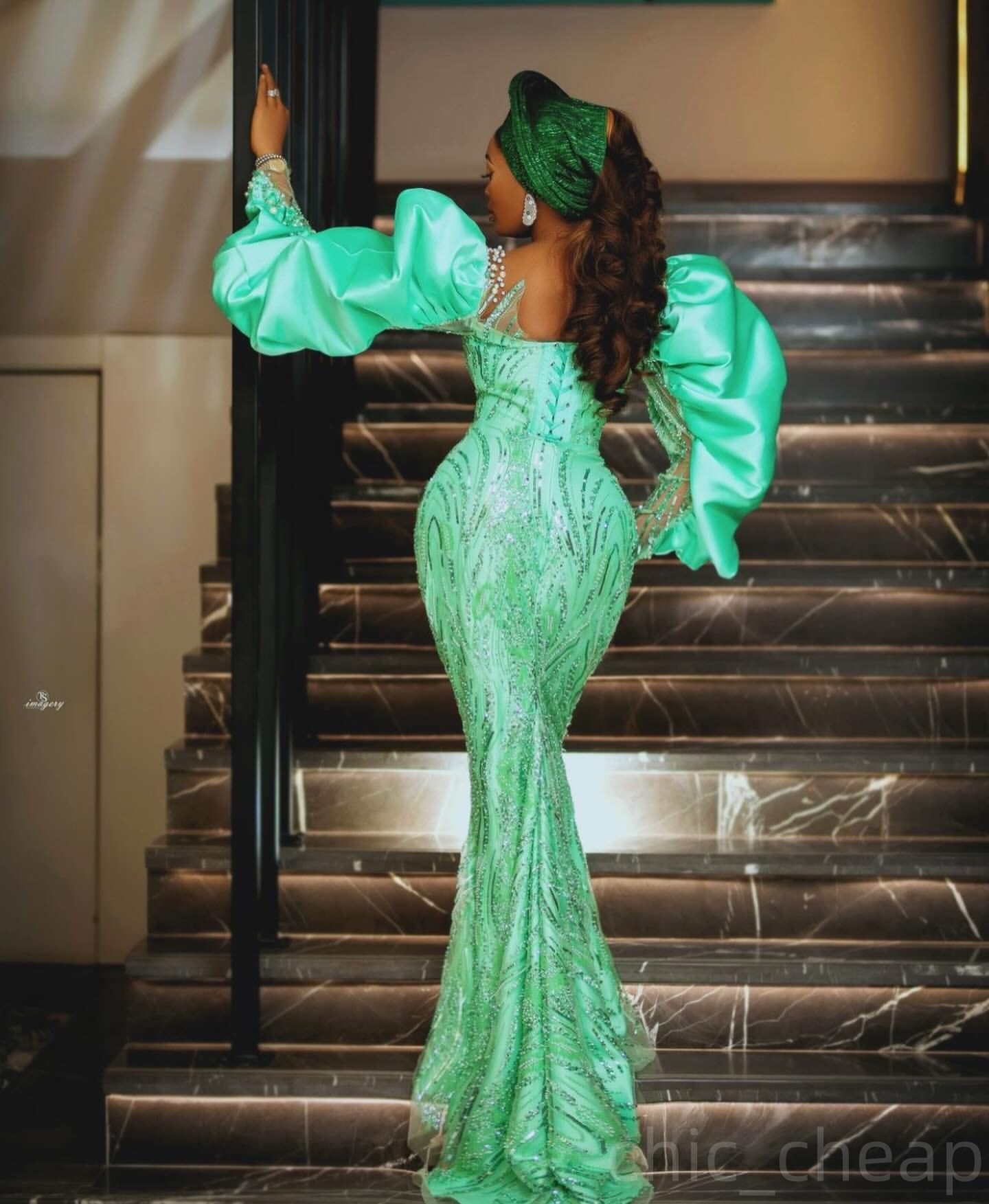2024 Plus Size Mint Mermaid Prom Dresses For Special Occasions Sequined Lace Beaded Full Sleeves Evening Party Birthday Gowns Dress For Women Vestidos