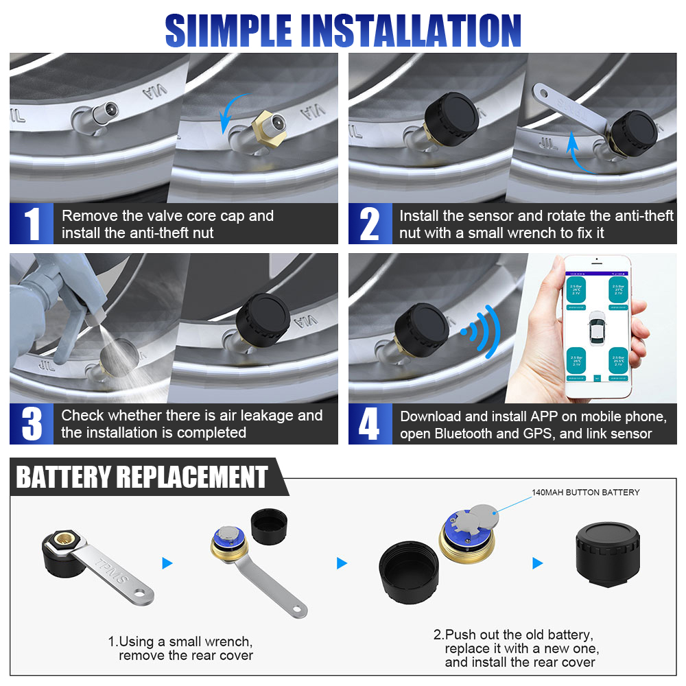 External Android/IOS TPMS Mobile Phone APP Display Car Tire Pressure Sensors Tire Pressure Monitoring System Bluetooth 5.0