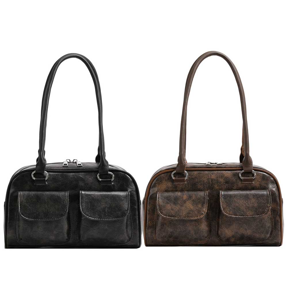 Women Small Casual Handbag Double Pocket PU Single Shoulder Bag Solid Color Simple Commuting Bag Large Capacity Retro Handbag