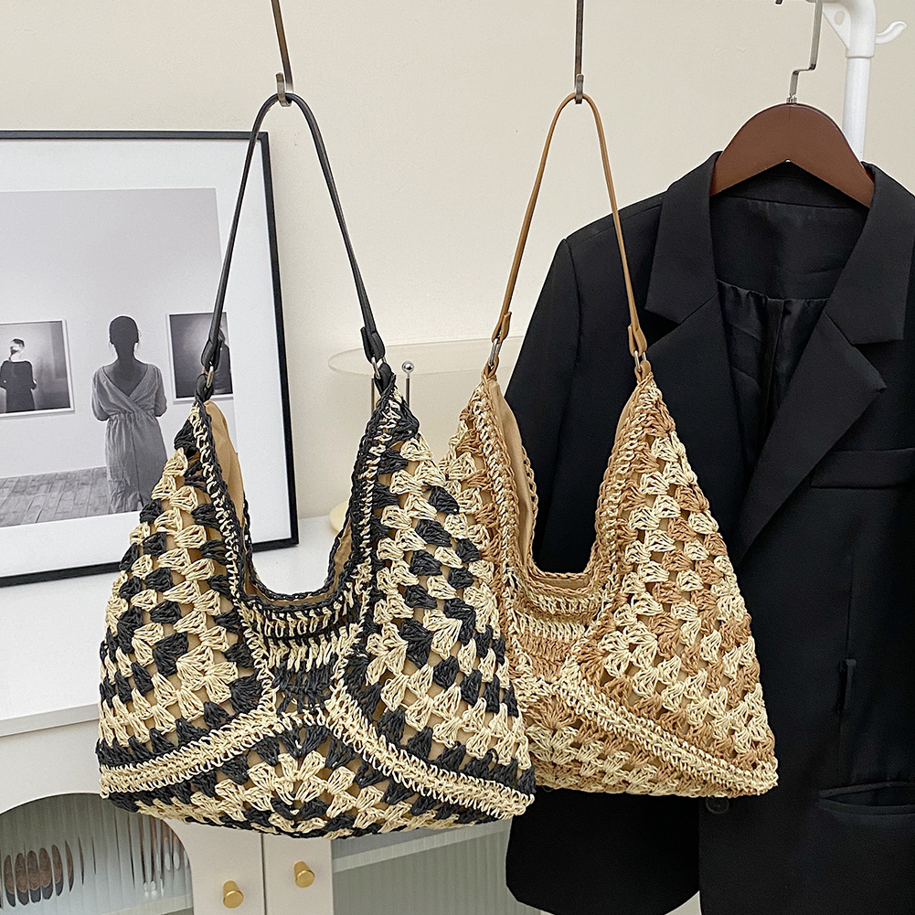 Summer Hollow Straw Beach Bag Handmade Woven Shoulder Bag Raffia Rattan Shopping Travel Bag Bohemian Braided Handbag Casual Tote