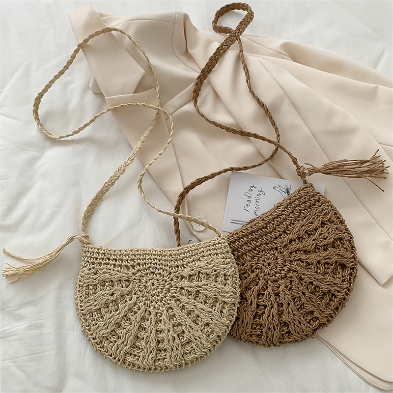 Half Round Straw Bag for Women Summer Beach Rattan Shoulder Bag Zipper Woven Half Moon Crossbody Handbags Bohemia Vacation